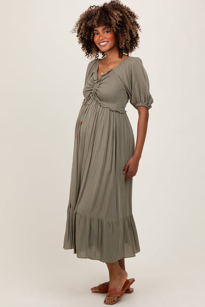 Olive Smocked Cinched Front Maternity Maxi Dress