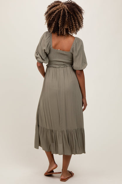 Olive Smocked Cinched Front Maternity Maxi Dress