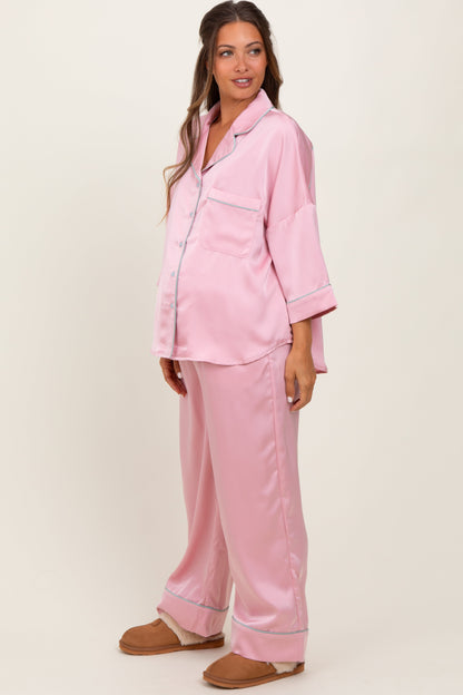 Pink Satin Contrast Trim Pajama Pant Maternity Set