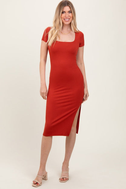 Orange Ribbed Short Sleeve Side Slit Maternity Midi Dress