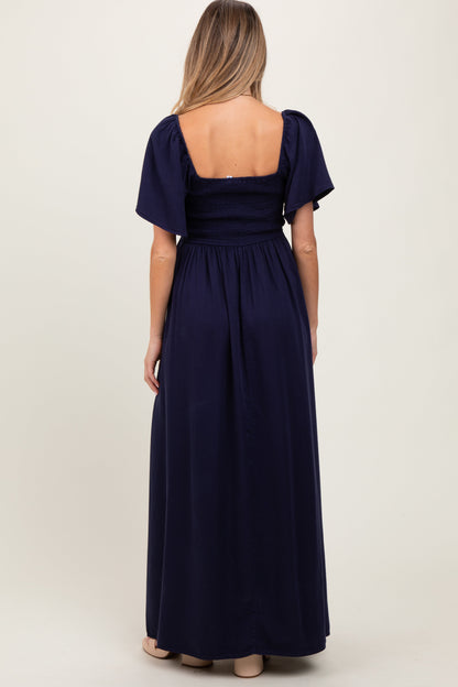 Navy Chambray Smocked Maternity Maxi Dress