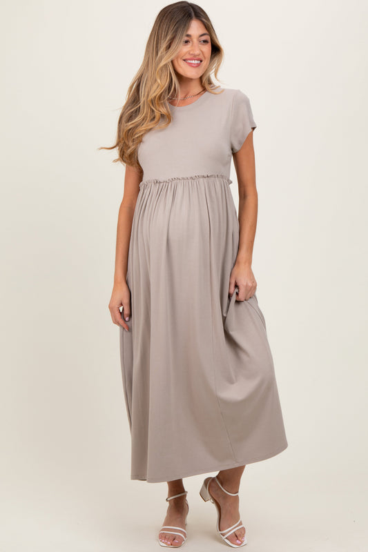 Taupe Ruffle Trim Maternity Maxi Dress