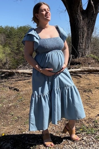 Light Blue Chambray Smocked Flutter Sleeve Maternity Dress
