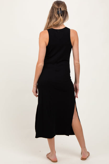 Black Sleeveless Side Slit Maternity Midi Dress