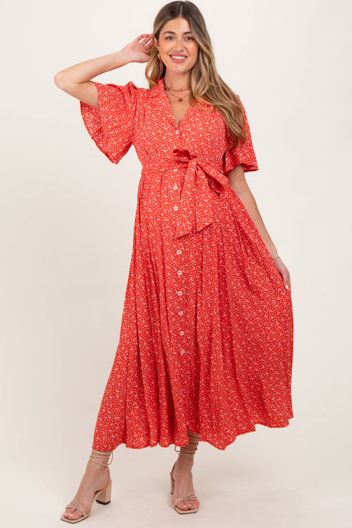 Red Flutter Sleeve Button Down Maternity Maxi Dress