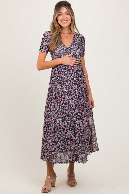 Black Floral Reversible Front Cinched Maternity Midi Dress