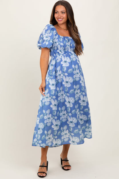 Blue Multi Printed Floral Square Neck Maternity Midi Dress