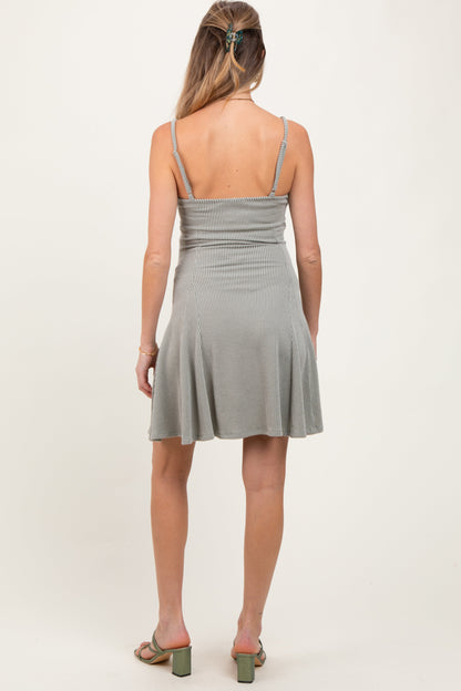 Light Olive Solid Ribbed Knitted Adjustable Strap Sleeveless Maternity Mini Dress