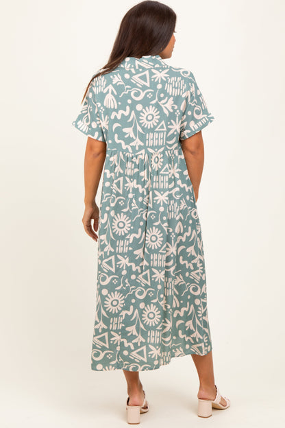 Mint Green Abstract Floral Shirt Maternity Midi Dress