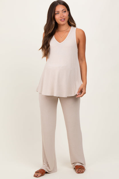 Cream Rib Knit Tank and Pant Maternity Set
