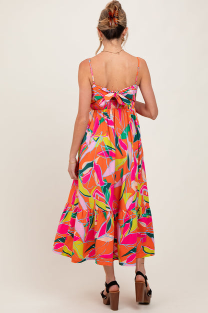 Orange Leaf Print Tie Back Maternity Maxi Dress
