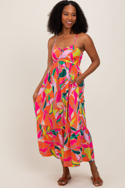 Orange Leaf Print Tie Back Maternity Maxi Dress