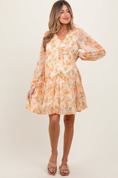 Orange Floral Chiffon Babydoll Long Sleeve Maternity Dress