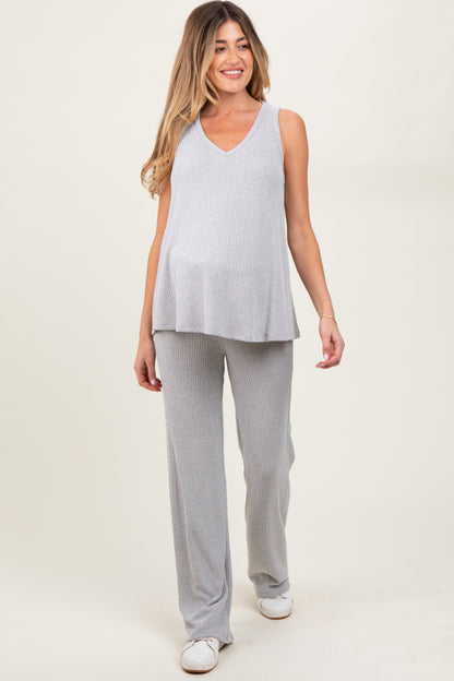 Heather Grey Rib Knit Tank and Pant Maternity Set