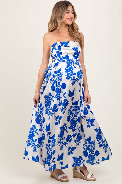 Blue Strapless Back Tie Maternity Maxi Dress