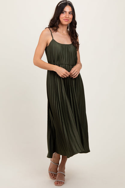 Olive Pleated Sash Tie Maternity Midi Dress