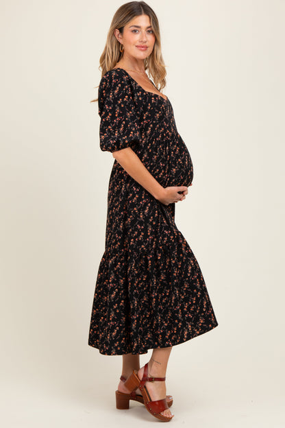 Black Floral Sweetheart Puff Sleeve Maternity Midi Dress
