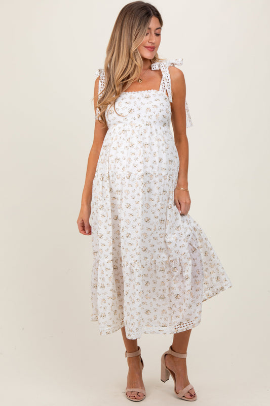 Light Yellow Floral Shoulder Tie Maternity Midi Dress