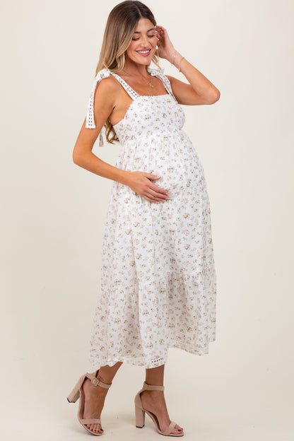 Light Yellow Floral Shoulder Tie Maternity Midi Dress