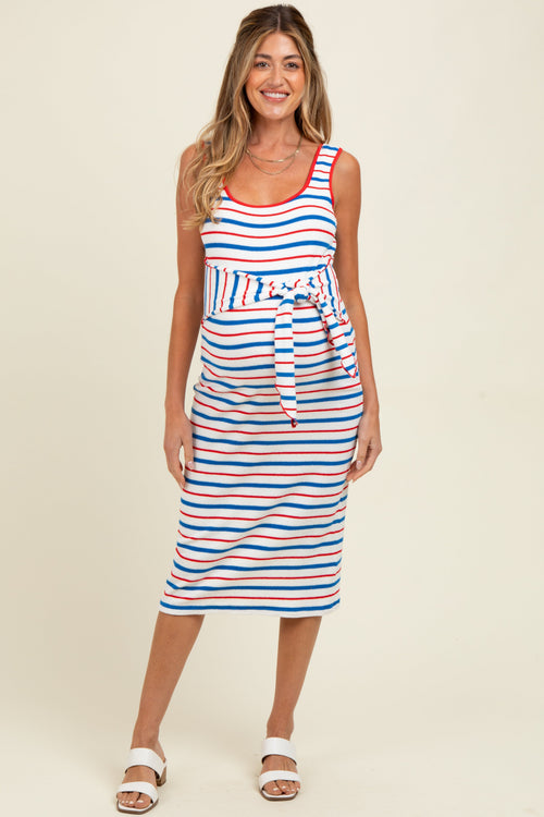 Blue Multi Striped Sleeveless Maternity Midi Dress