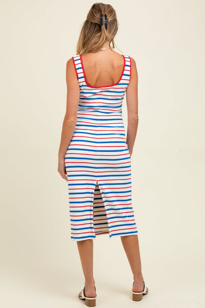 Blue Multi Striped Sleeveless Maternity Midi Dress