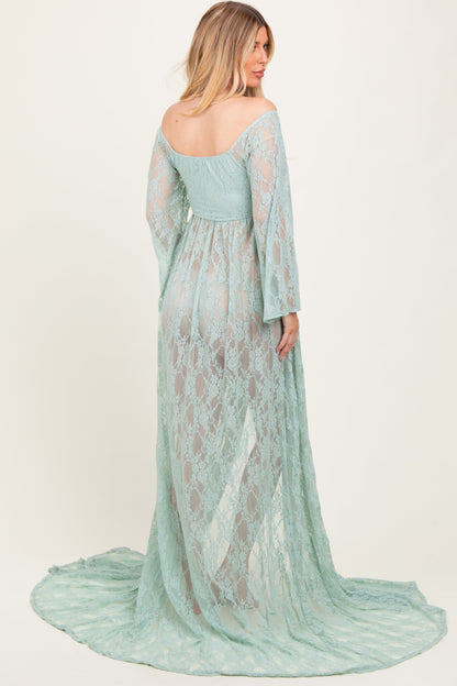 Mint Lace Long Sleeve Off Shoulder Slit Draped Maternity Photoshoot Dress