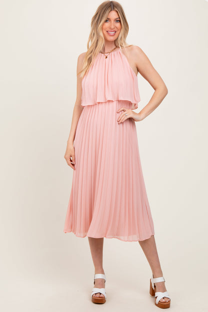 Pink Pleated Woven Maternity Midi Dress