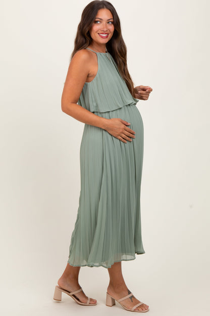 Light Olive Pleated Woven Maternity Midi Dress