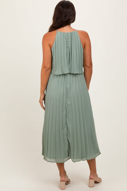 Light Olive Pleated Woven Maternity Midi Dress