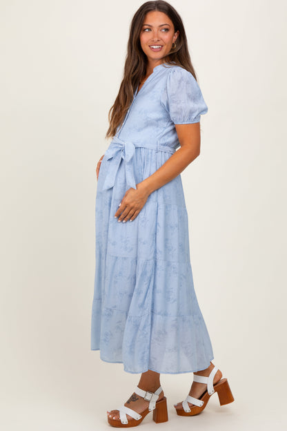 Light Blue Split Neckline Tiered Maternity Midi Dress