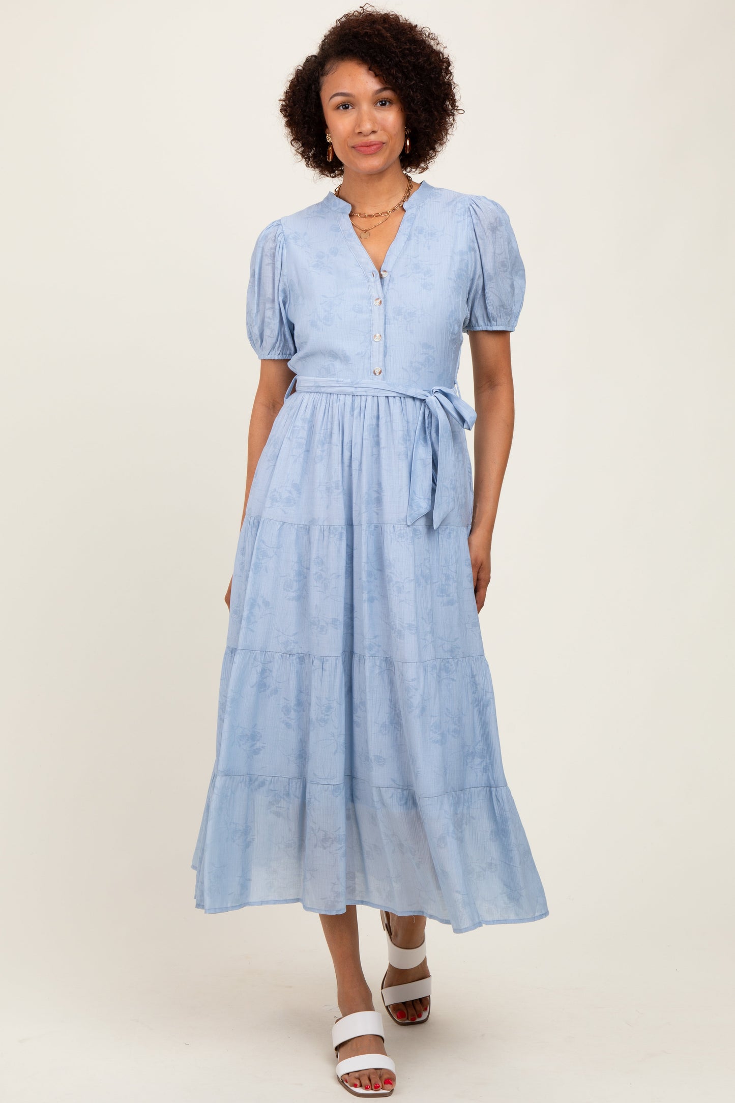 Light Blue Split Neckline Tiered Maternity Midi Dress