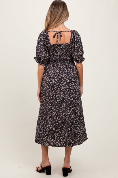 Black Floral Smocked Puff Sleeve Maternity Midi Dress