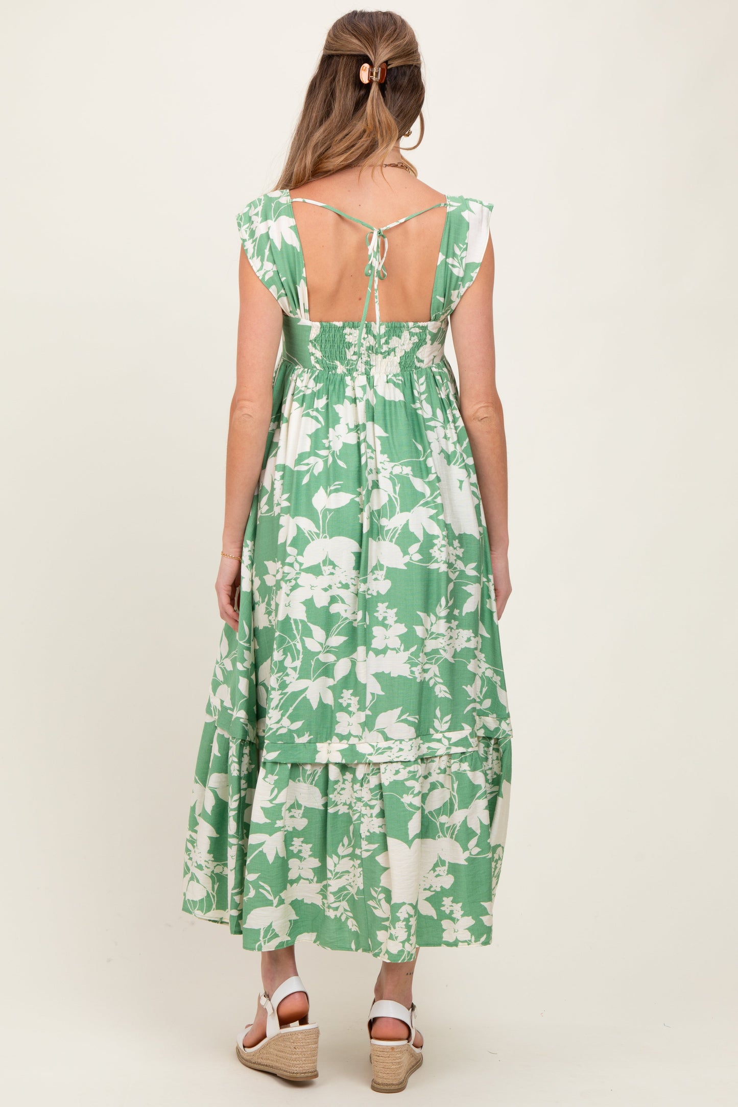 Mint Green Floral Square Neck Maternity Midi Dress