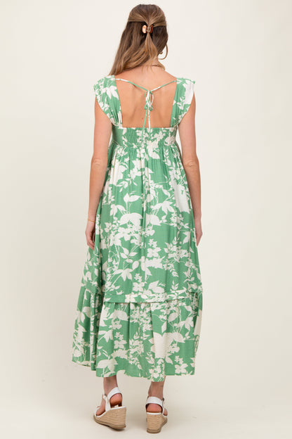 Mint Green Floral Square Neck Maternity Midi Dress