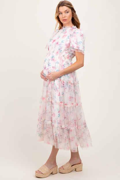 Ivory Floral Mesh Ruffle Tiered Maternity Midi Dress