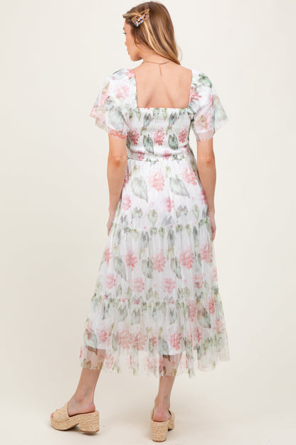 Ivory Floral Mesh Smocked Maternity Midi Dress