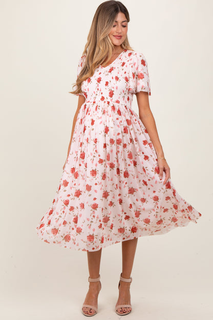 Light Pink Floral Smocked V-Neck Maternity Midi Dress