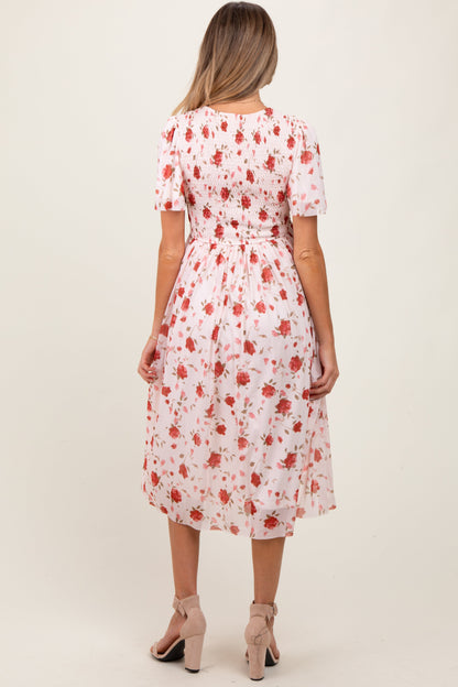 Light Pink Floral Smocked V-Neck Maternity Midi Dress
