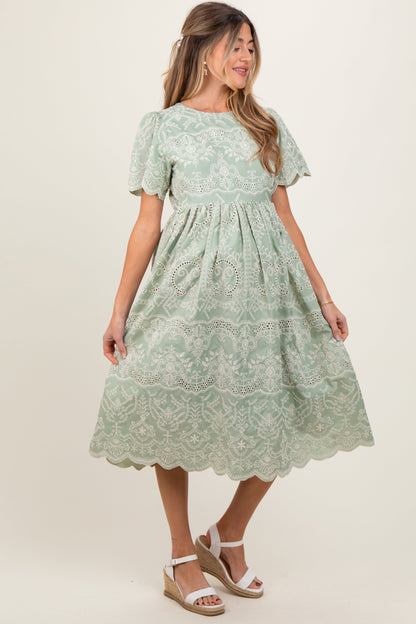 Light Olive Floral Embroidered Tied Waist Maternity Midi Dress