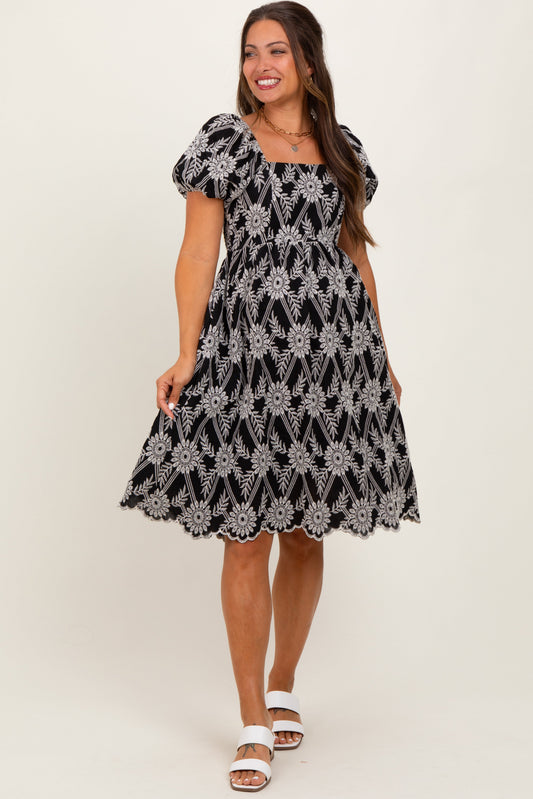 Black Floral Embroidered Square Neck Maternity Dress