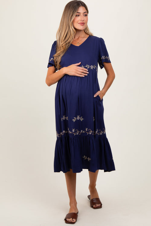 Navy Floral Lace Maternity Midi Dress