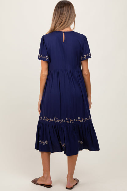 Navy Floral Lace Maternity Midi Dress
