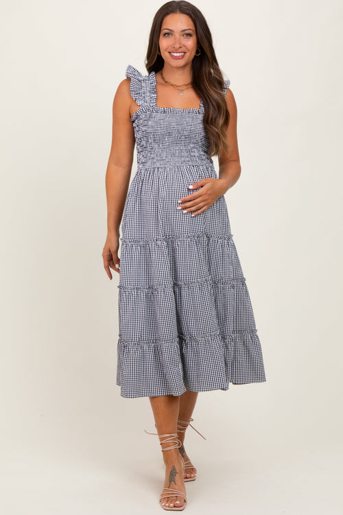 Black Gingham Ruffle Tiered Maternity Midi Dress