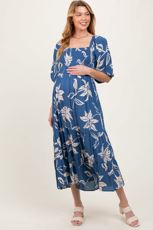Blue Smocked Puff Sleeve Maternity Midi Dress