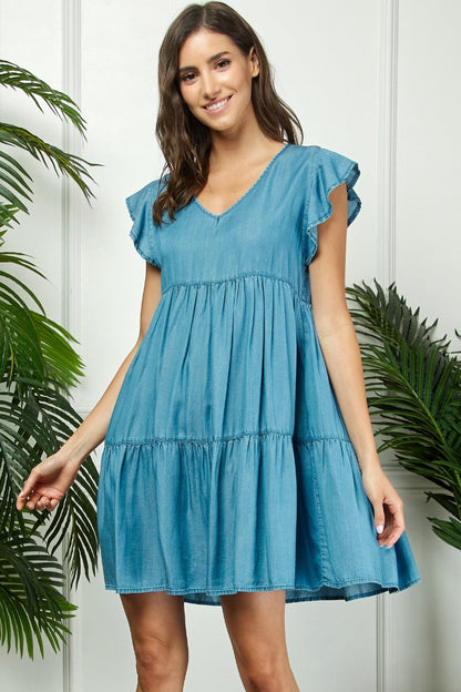 Blue Flutter Sleeve Tiered Maternity Dress