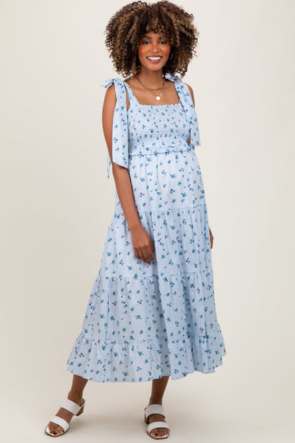 Light Blue Floral Striped Smocked Shoulder Tie Maternity Maxi Dress