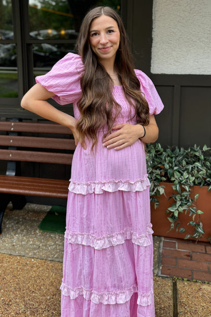 Pink Smocked Ruffle Tiered Puff Sleeve Maternity Maxi Dress