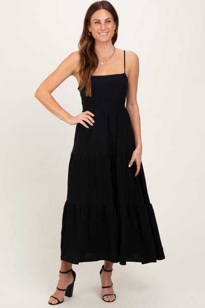 Black Tiered Cutout Tie Back Maternity Midi Dress