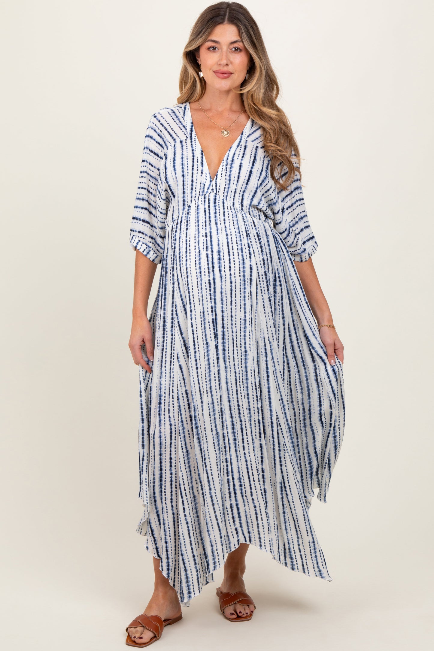 Navy Printed Deep V-Neck Maternity Midi Dress