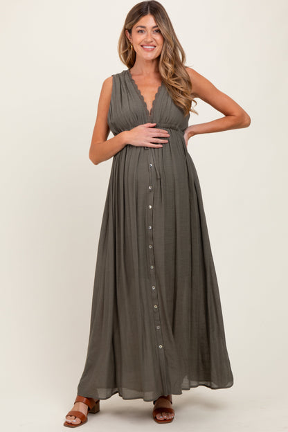 Olive Deep V-Neck Sleeveless Button Down Maternity Maxi Dress